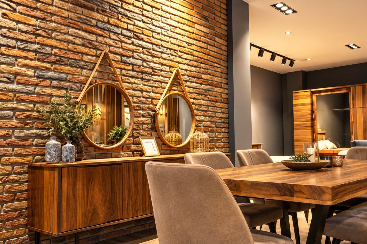 Yemek alanında tuğla duvar paneli ve hasır aynalarla loft dekorasyon