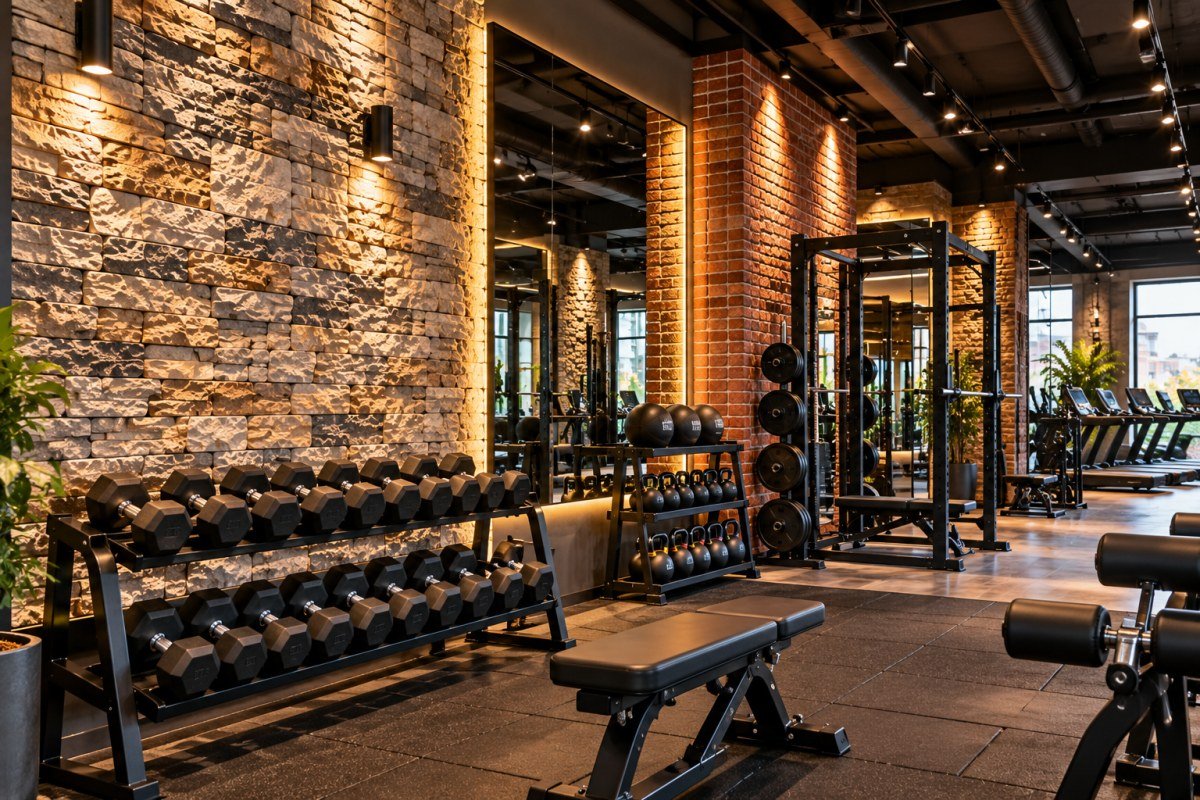 Spor salonunda tuğla duvar paneli ve dramatik aydınlatma