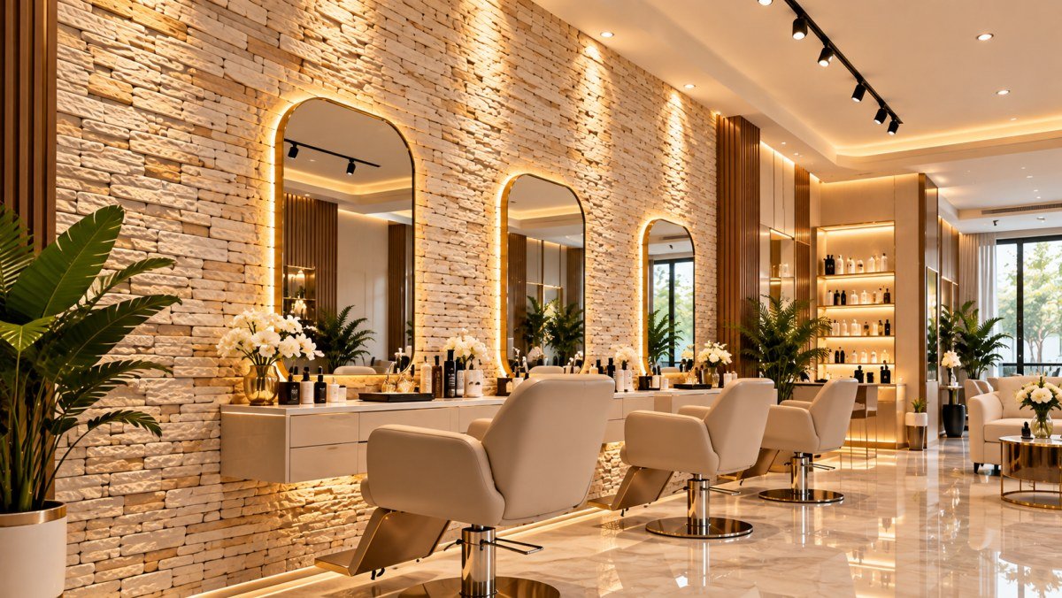 Güzellik salonu bekleme alanında taş duvar paneli ve yeşil kadife koltuk