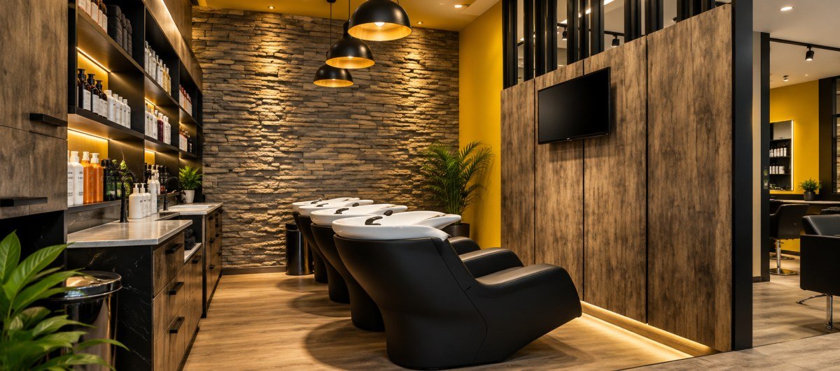 Küçük bir salon köşesinde taş duvar paneli ve sarı vurgu duvar