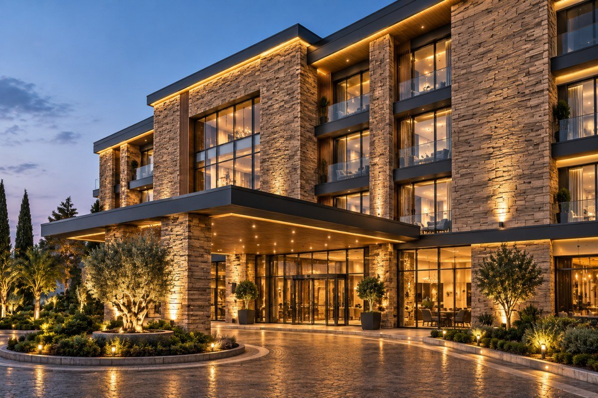 Sade ve ferah otel odasında beyaz tuğla dokulu yatak başı duvarı
