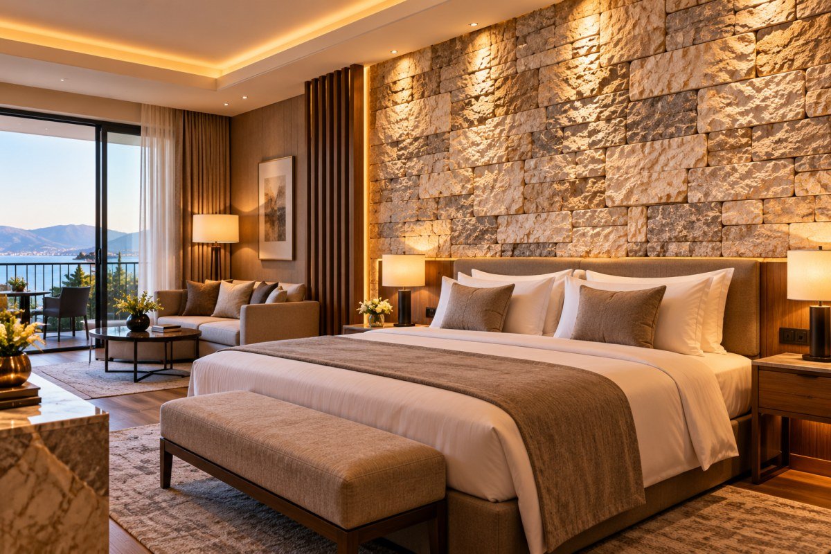 Deniz manzaralı otel odasında yatak başı beyaz tuğla duvar paneli