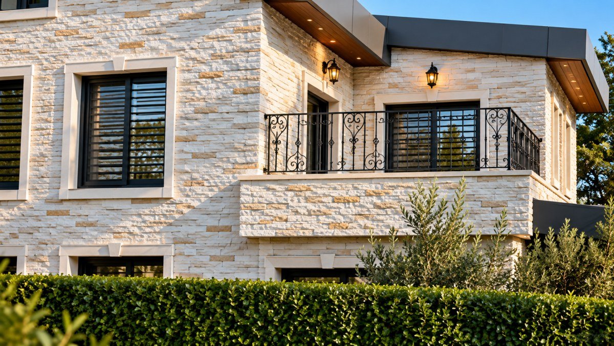 Beyaz taş görünümlü panellerle kaplanmış villa dış cephesi