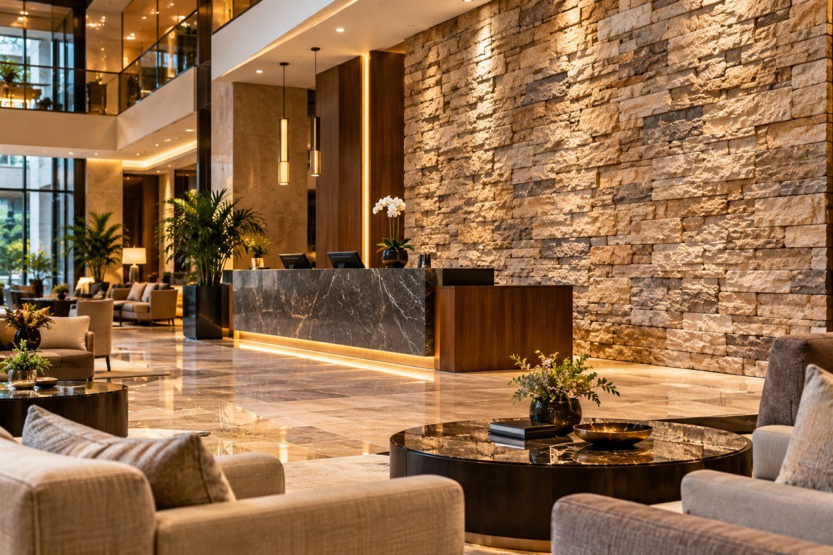 Otel havuz terasında taş duvar paneli ile kaplanmış cephe ve duvarlar