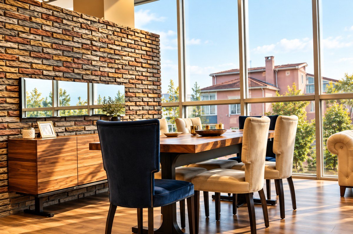 Kafe oturma alanında tuğla duvar paneli ve pencere önü masalar